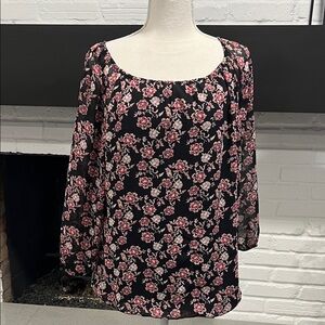 Ann Taylor Navy and Pink Floral Peasant Type Blouse